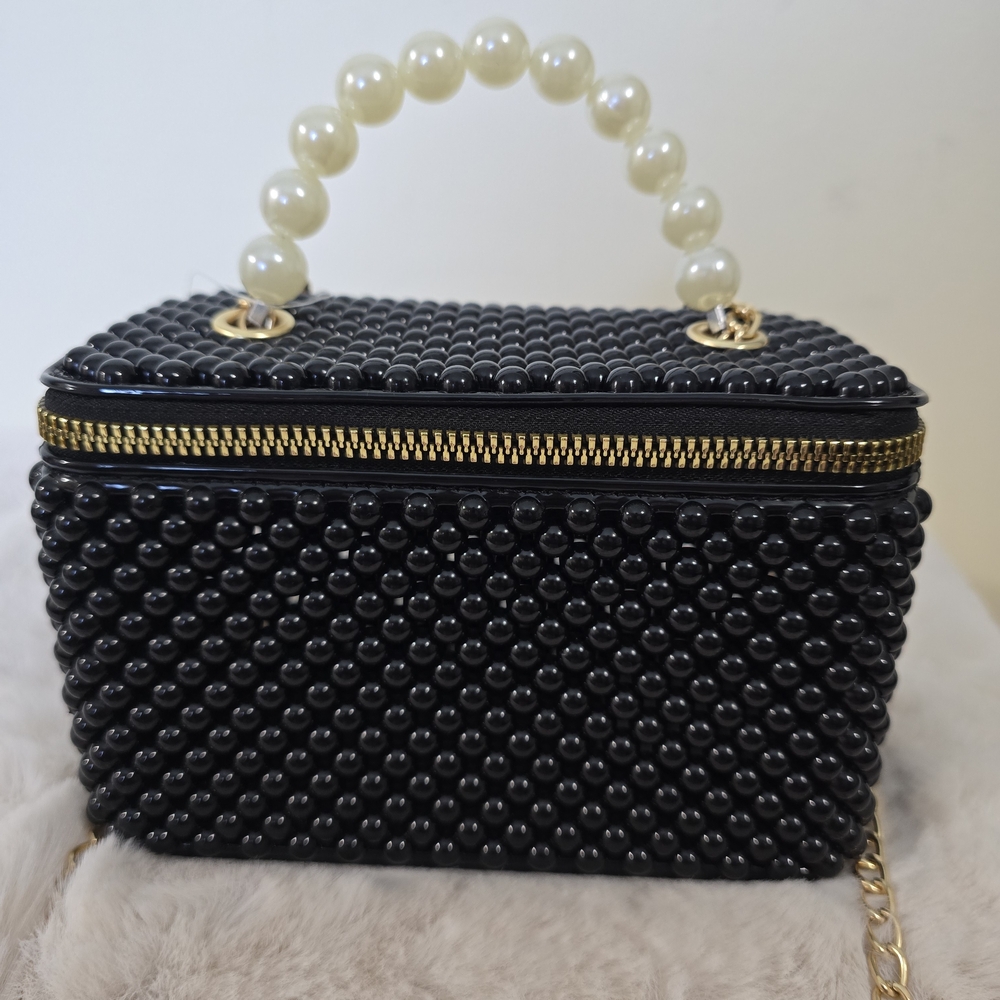 Sophisticated Black Beaded Satchel with Pearl Handle